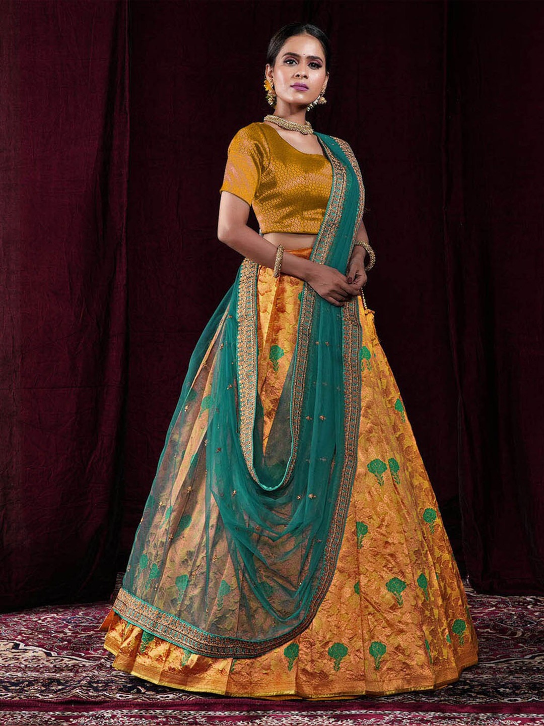 

HALFSAREE STUDIO Semi-Stitched Lehenga & Unstitched Blouse With Dupatta, Gold