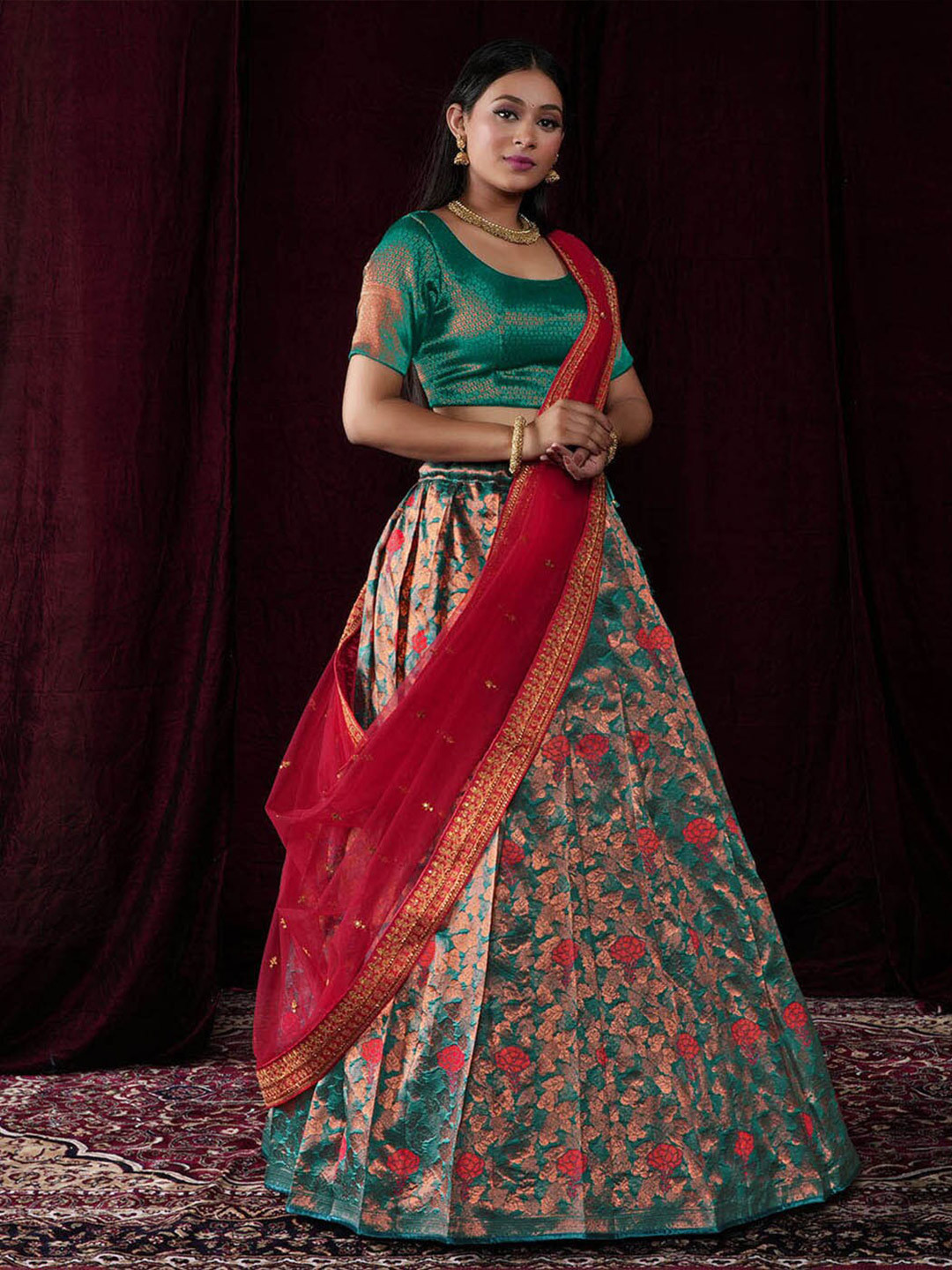 

HALFSAREE STUDIO Embroidered Semi-Stitched Lehenga & Unstitched Blouse With Dupatta, Teal