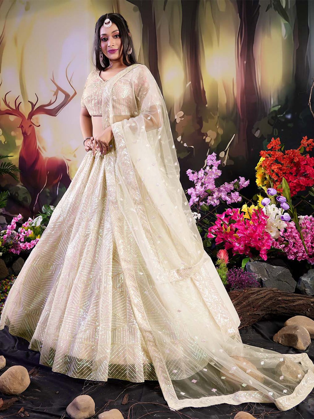 

HALFSAREE STUDIO Embellished Semi-Stitched Lehenga & Unstitched Blouse With Dupatta, White