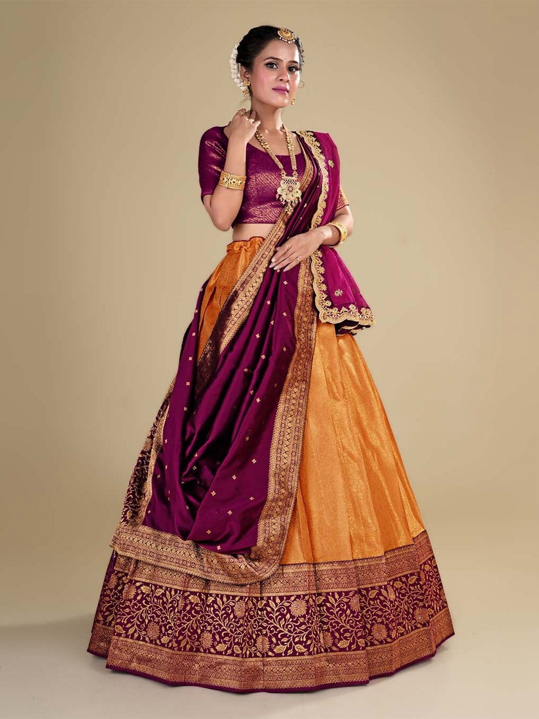 

HALFSAREE STUDIO Semi-Stitched Lehenga & Unstitched Blouse With Dupatta, Burgundy