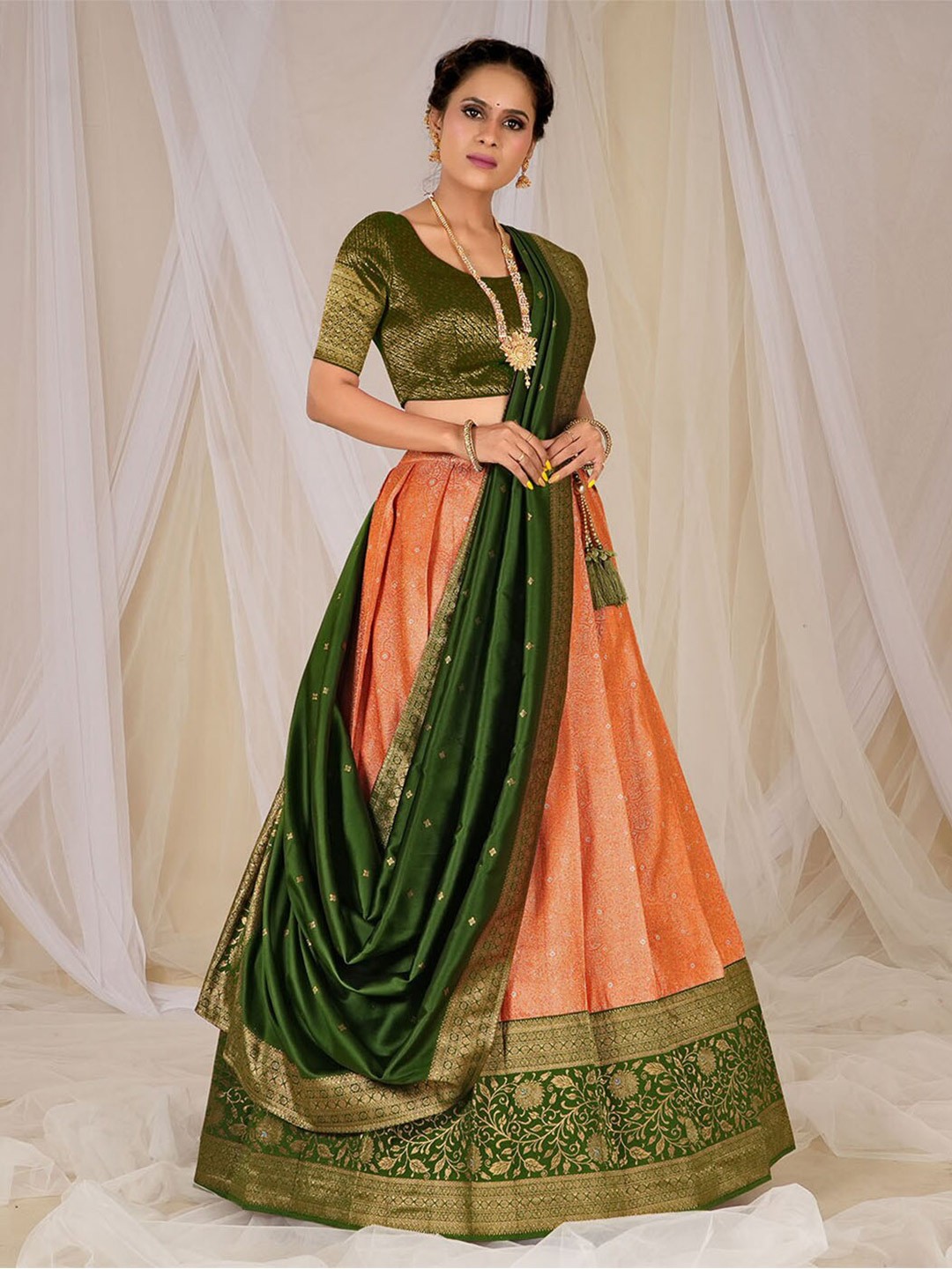 

HALFSAREE STUDIO Semi-Stitched Lehenga & Unstitched Blouse With Dupatta, Orange