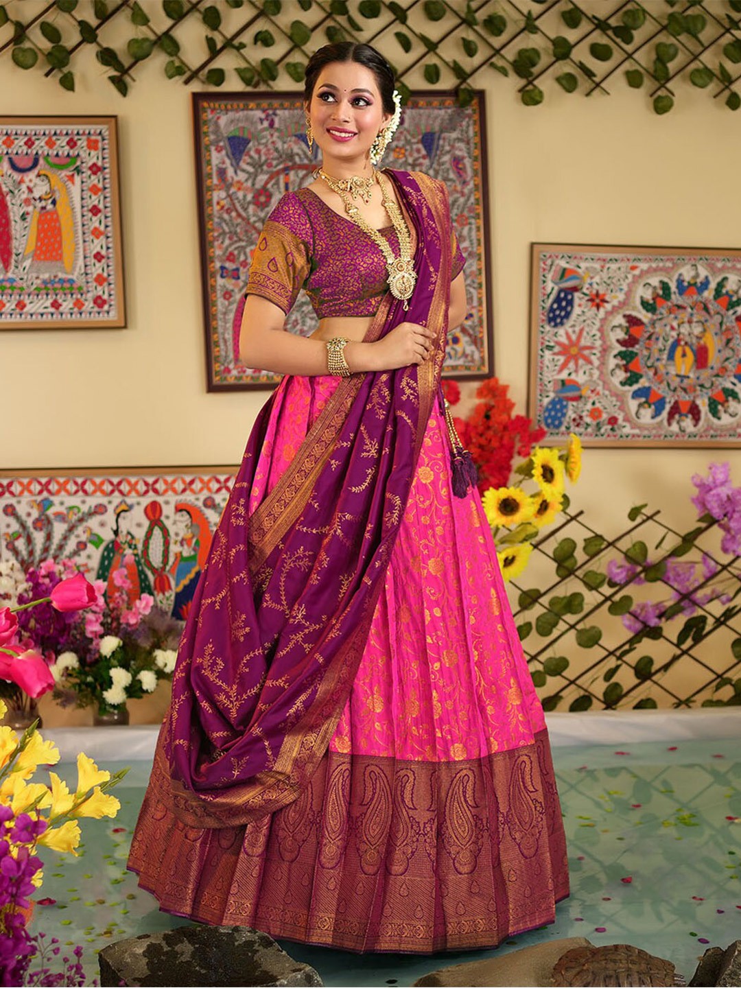 

HALFSAREE STUDIO Semi-Stitched Lehenga & Unstitched Blouse With Dupatta, Pink