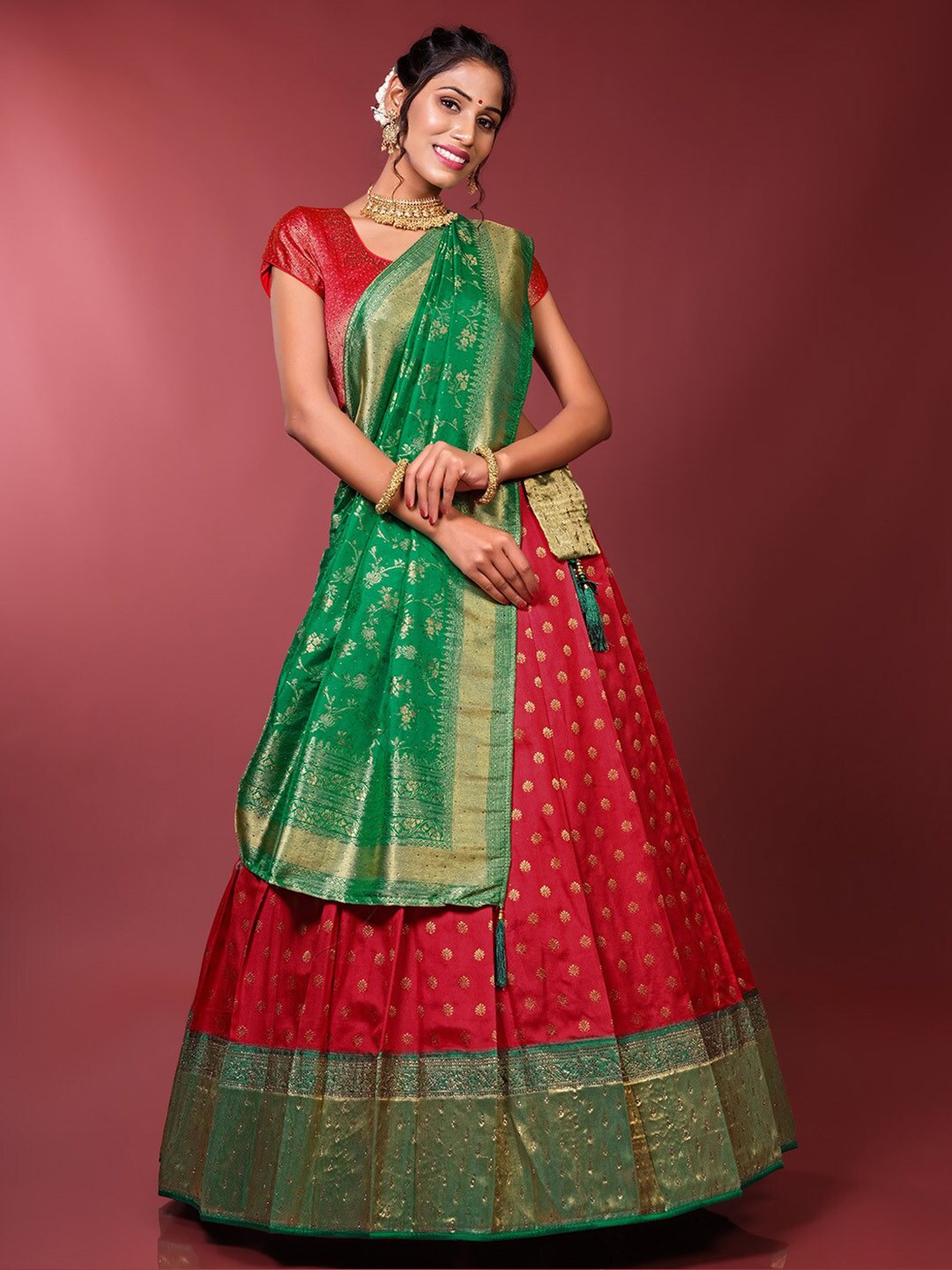 

HALFSAREE STUDIO Semi-Stitched Lehenga & Unstitched Blouse With Dupatta, Red