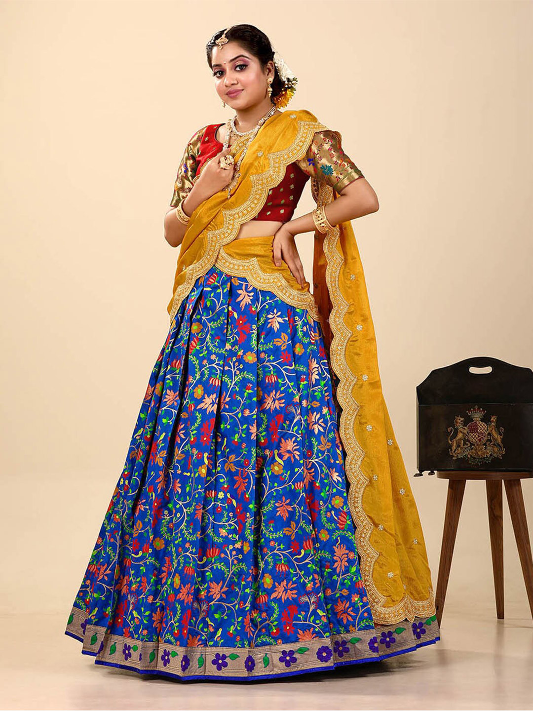 

HALFSAREE STUDIO Thread Work Semi-Stitched Lehenga & Unstitched Blouse With Dupatta, Blue