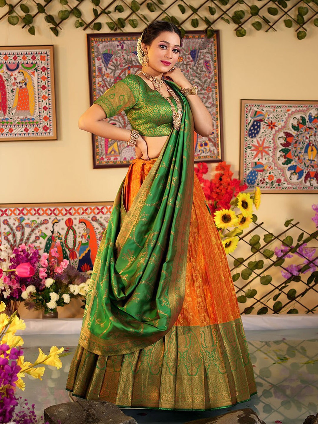 

HALFSAREE STUDIO Woven Design Semi-Stitched Lehenga & Unstitched Blouse With Dupatta, Gold
