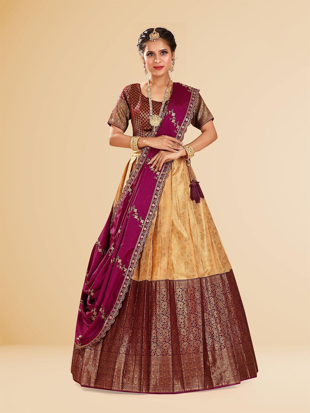 

HALFSAREE STUDIO Semi-Stitched Lehenga & Unstitched Blouse With Dupatta, Burgundy