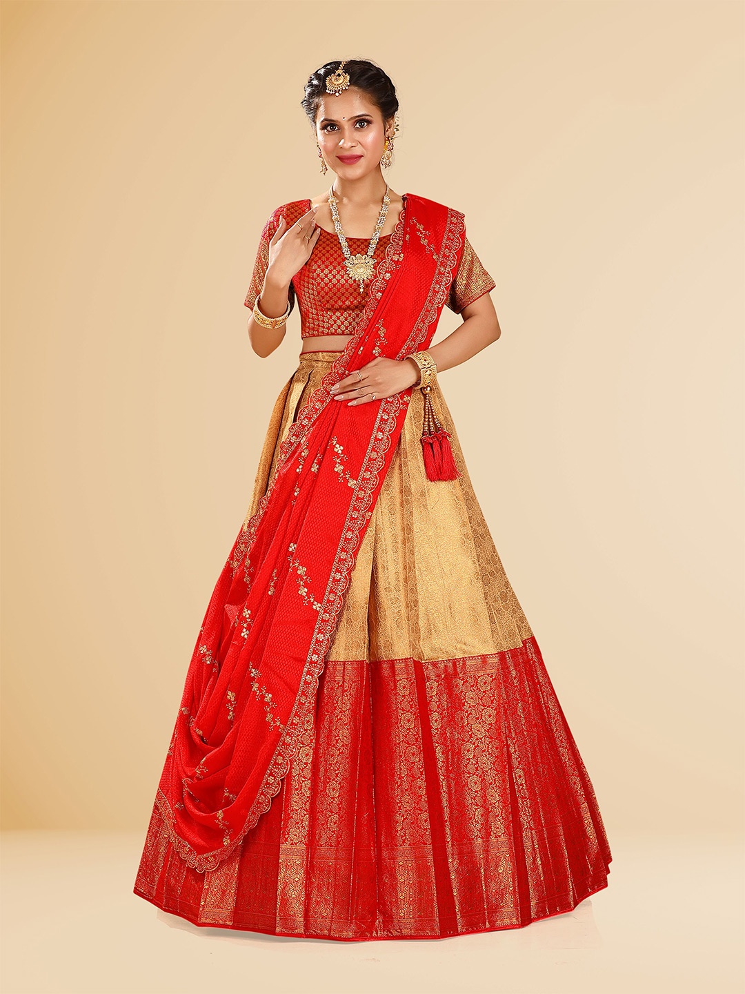 

HALFSAREE STUDIO Semi-Stitched Lehenga & Unstitched Blouse With Dupatta, Red