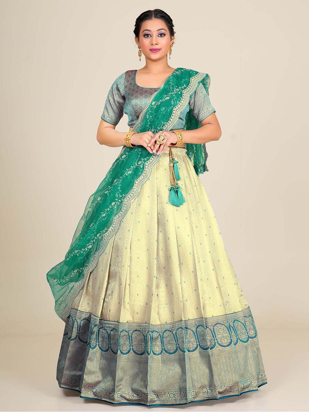 

HALFSAREE STUDIO Semi-Stitched Lehenga & Unstitched Blouse With Dupatta, Cream