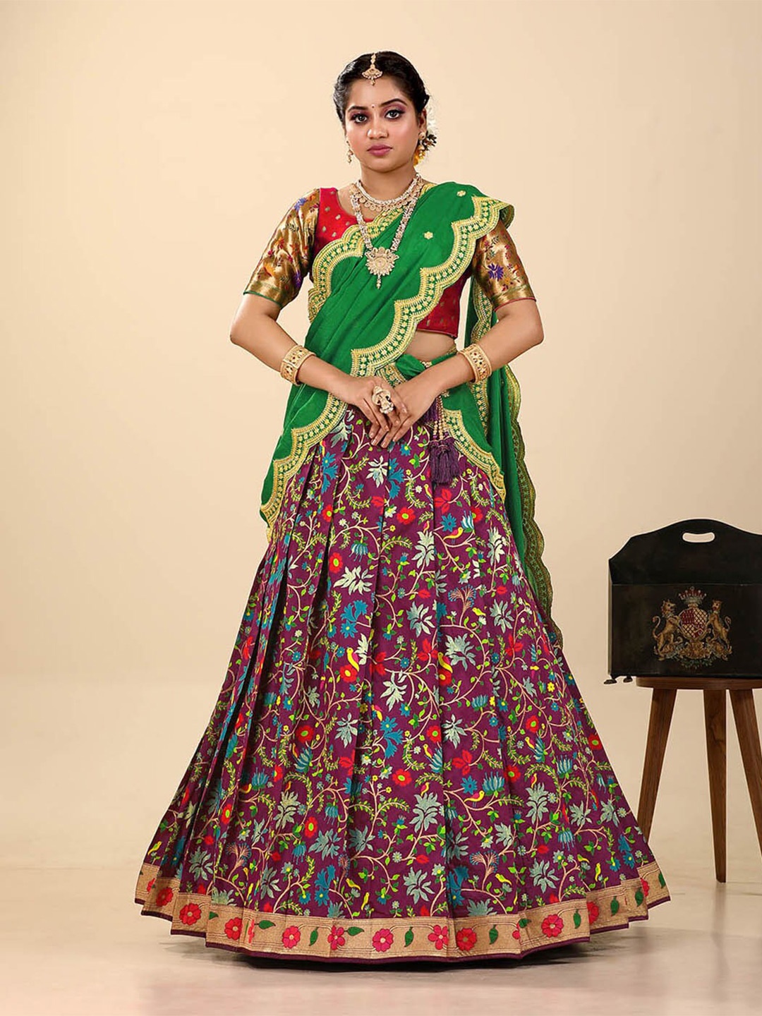 

HALFSAREE STUDIO Semi-Stitched Lehenga & Unstitched Blouse With Dupatta, Magenta