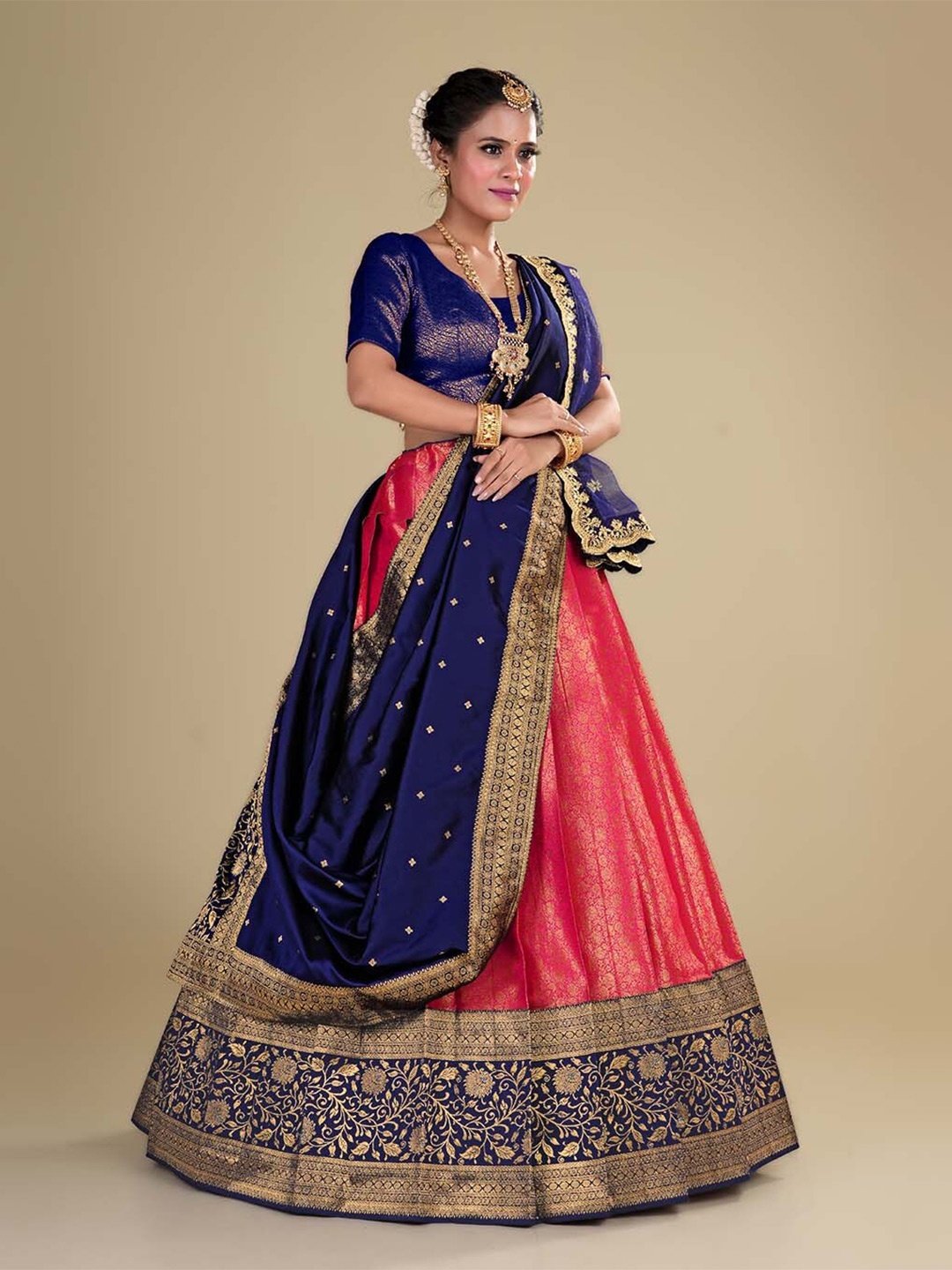 

HALFSAREE STUDIO Semi-Stitched Lehenga & Unstitched Blouse With Dupatta, Pink