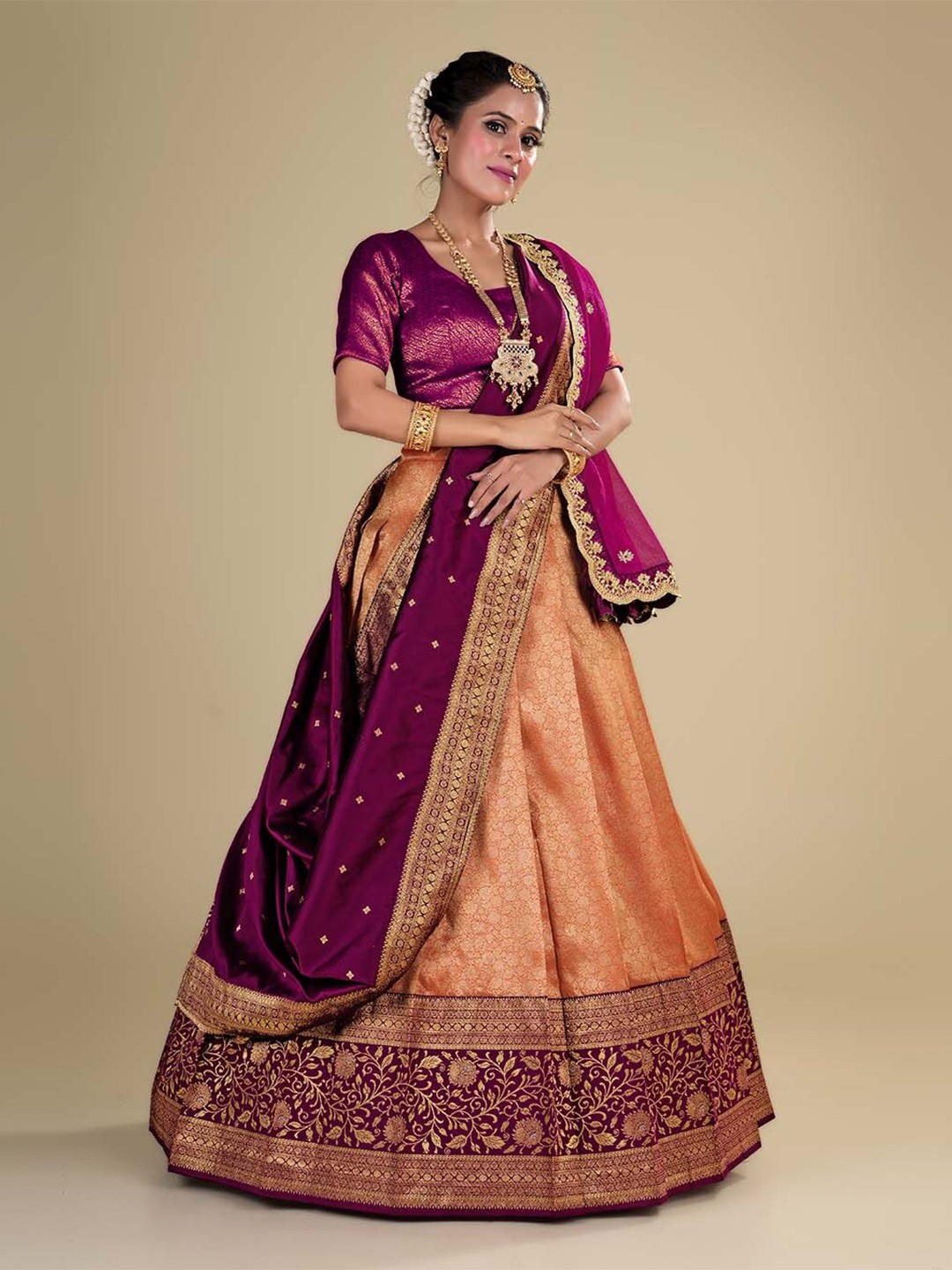 

HALFSAREE STUDIO Semi-Stitched Lehenga & Unstitched Blouse With Dupatta, Burgundy