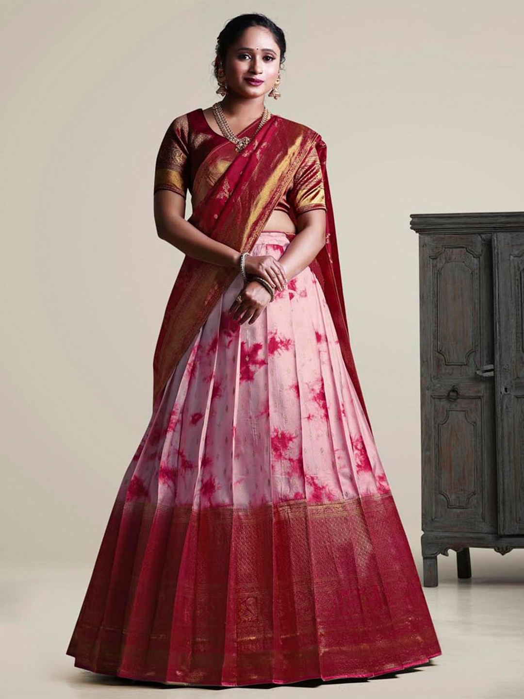 

HALFSAREE STUDIO Semi-Stitched Lehenga & Unstitched Blouse With Dupatta, Pink