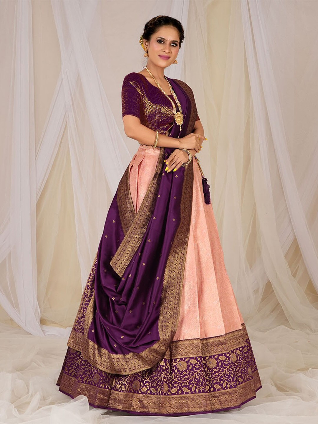 

HALFSAREE STUDIO Semi-Stitched Lehenga & Unstitched Blouse With Dupatta, Pink