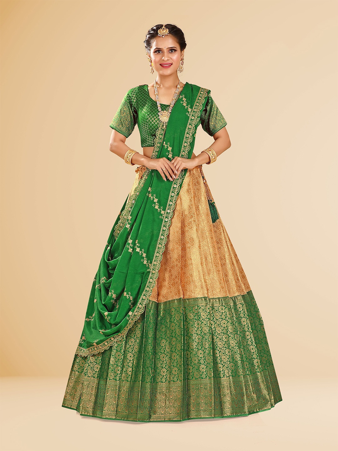 

HALFSAREE STUDIO Semi-Stitched Lehenga & Unstitched Blouse With Dupatta, Green