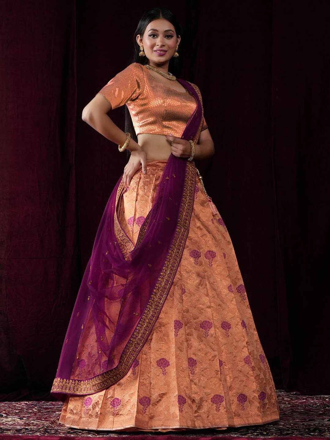 HALFSAREE STUDIO Semi-Stitched Lehenga & Unstitched Blouse With Dupatta, Peach