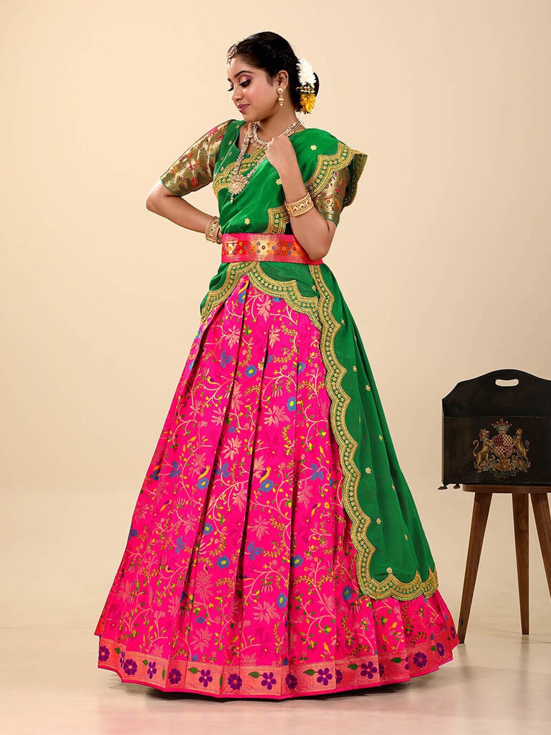 

HALFSAREE STUDIO Semi-Stitched Lehenga & Unstitched Blouse With Dupatta, Pink