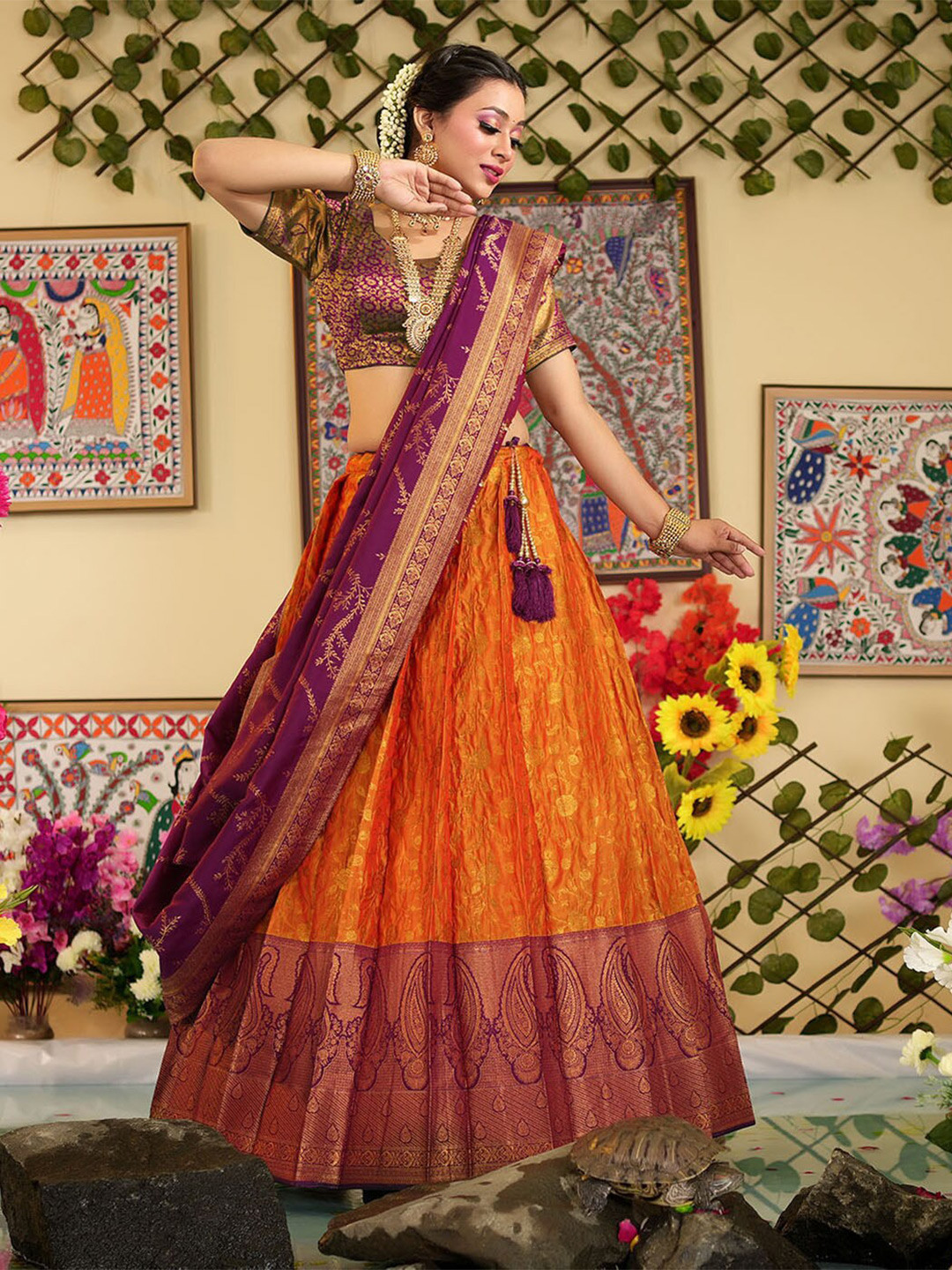 

HALFSAREE STUDIO Semi-Stitched Lehenga & Unstitched Blouse With Dupatta, Gold