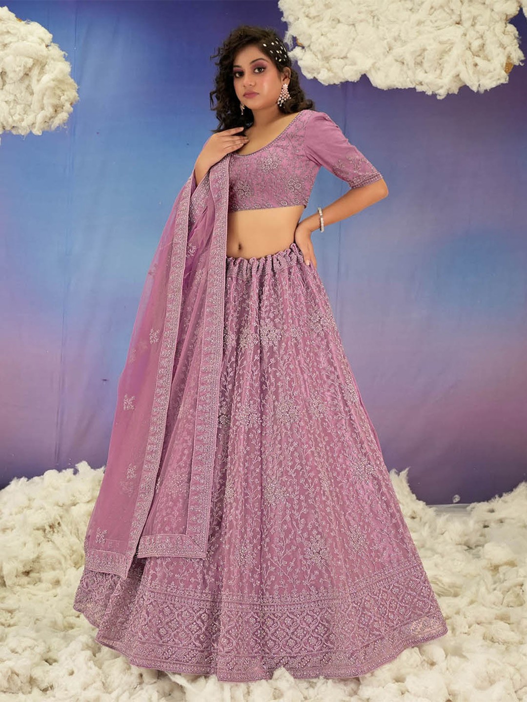 

HALFSAREE STUDIO Embroidered Semi-Stitched Lehenga & Unstitched Blouse With Dupatta, Pink