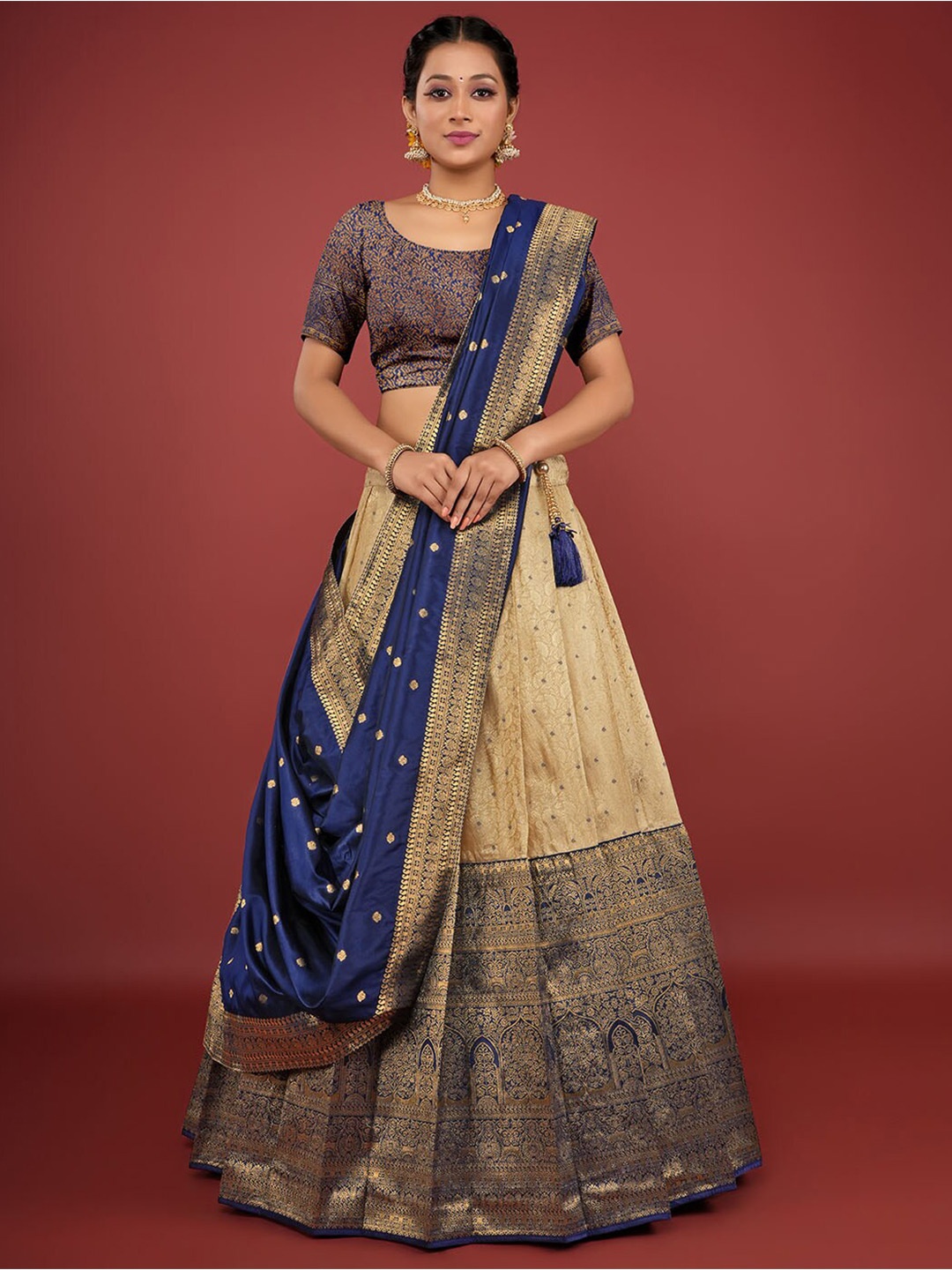 

HALFSAREE STUDIO Semi-Stitched Lehenga & Unstitched Blouse With Dupatta, Navy blue