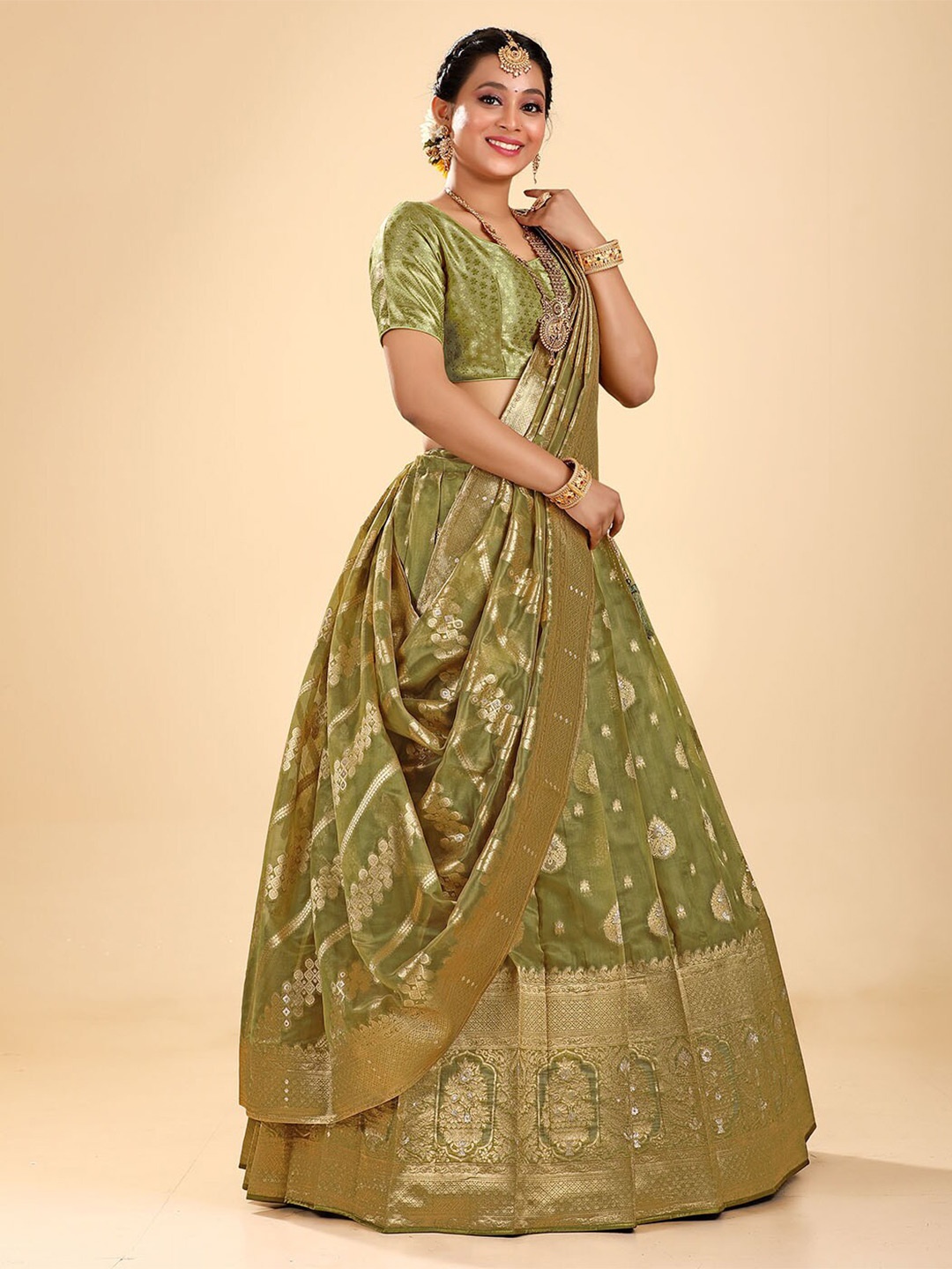 

HALFSAREE STUDIO Semi-Stitched Lehenga & Unstitched Blouse With Dupatta, Olive