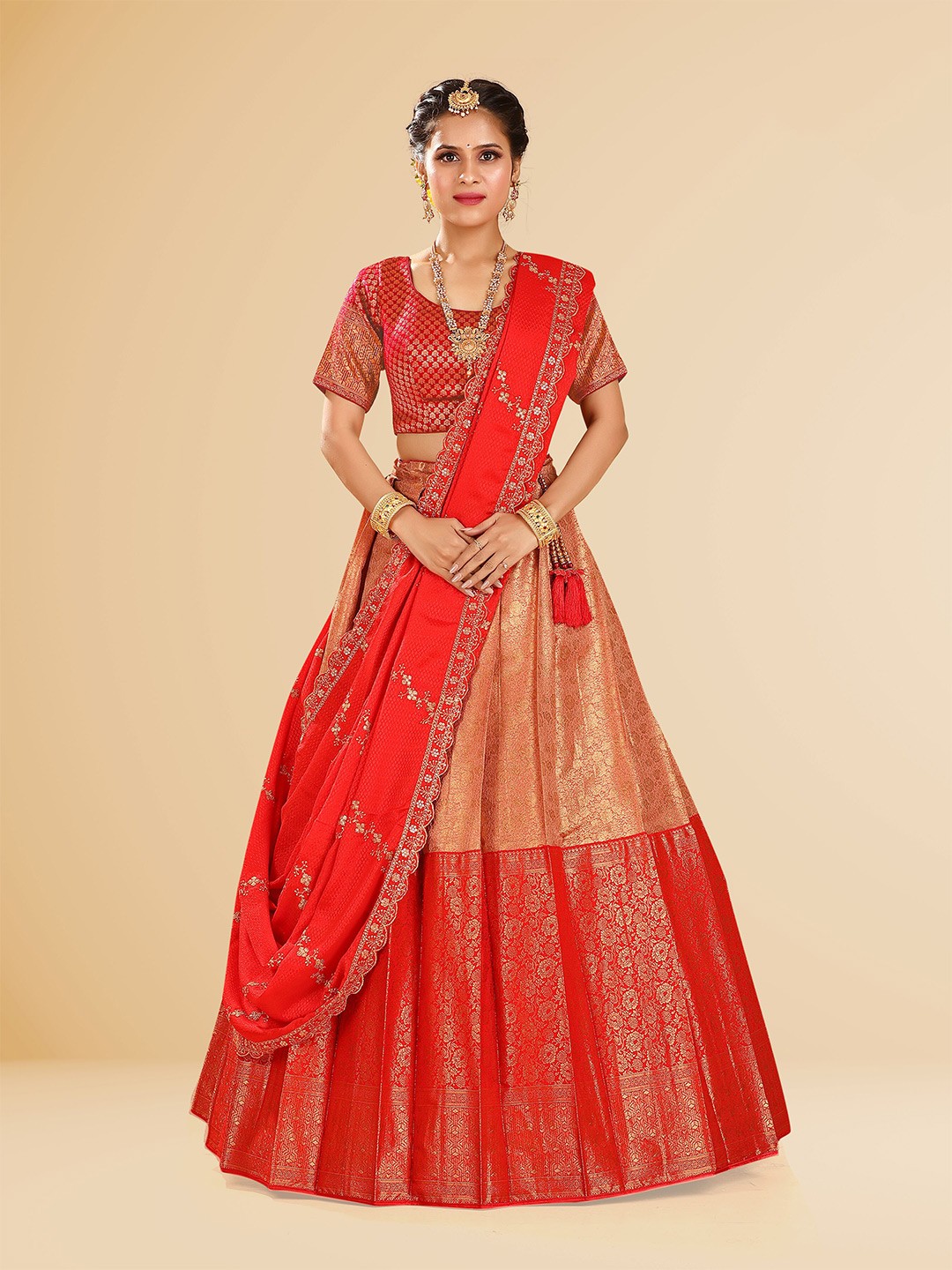 

HALFSAREE STUDIO Semi-Stitched Lehenga & Unstitched Blouse With Dupatta, Red