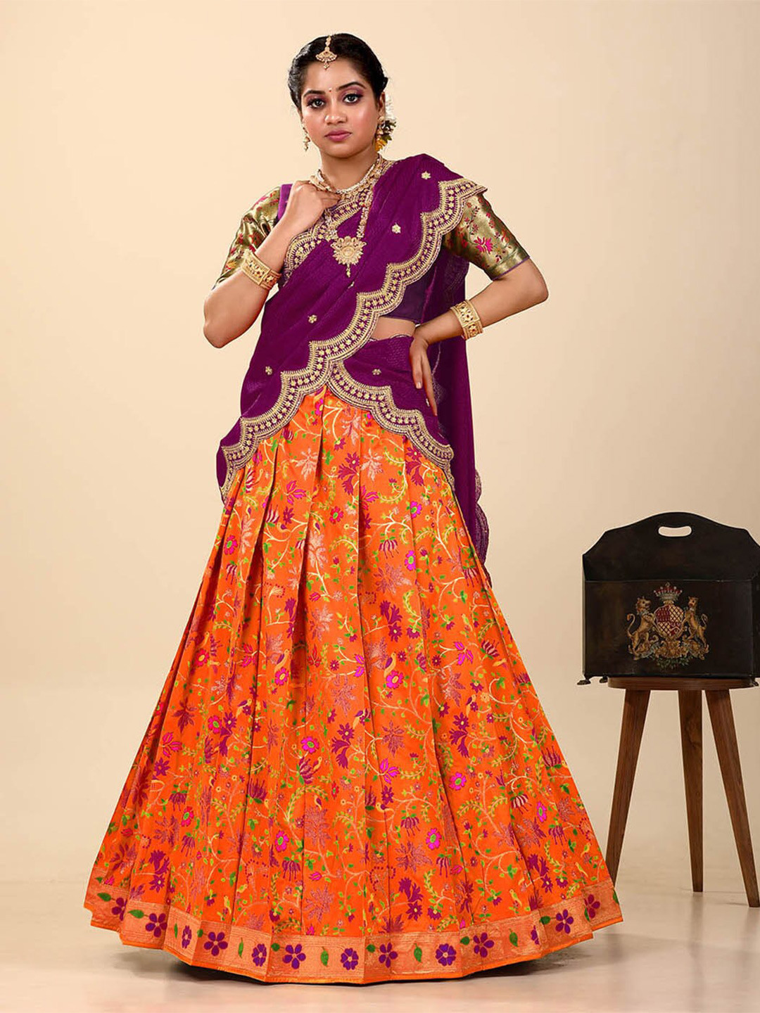 

HALFSAREE STUDIO Semi-Stitched Lehenga & Unstitched Blouse With Dupatta, Orange