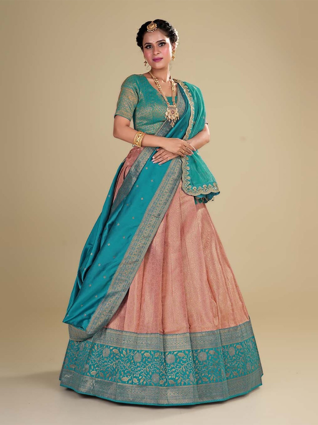 

HALFSAREE STUDIO Semi-Stitched Lehenga & Unstitched Blouse With Dupatta, Teal