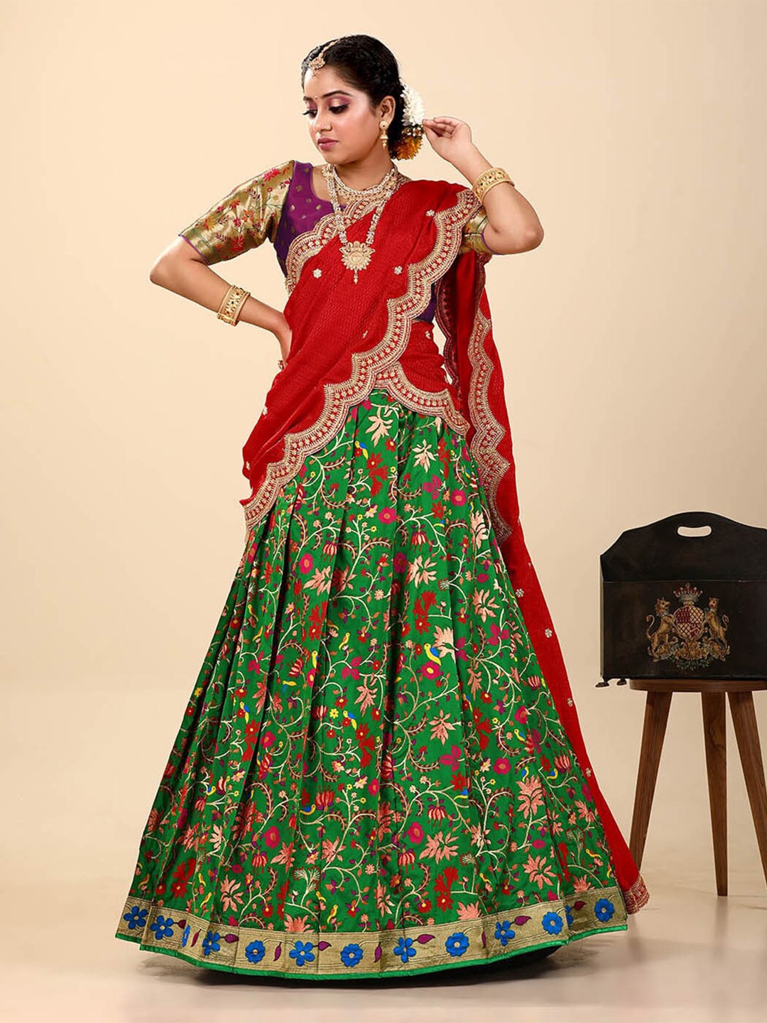 

HALFSAREE STUDIO Semi-Stitched Lehenga & Unstitched Blouse With Dupatta, Green