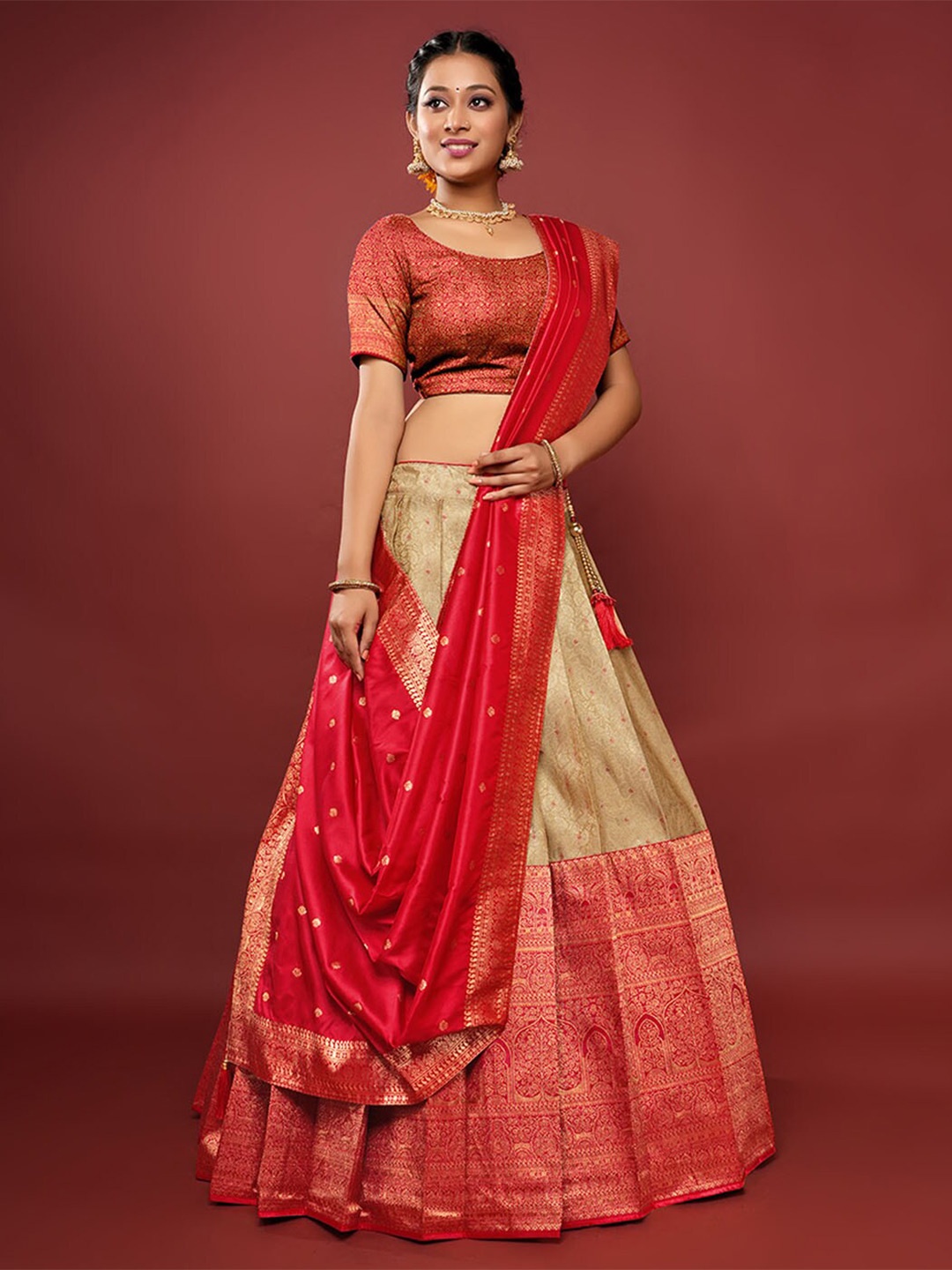 

HALFSAREE STUDIO Semi-Stitched Lehenga & Unstitched Blouse With Dupatta, Red