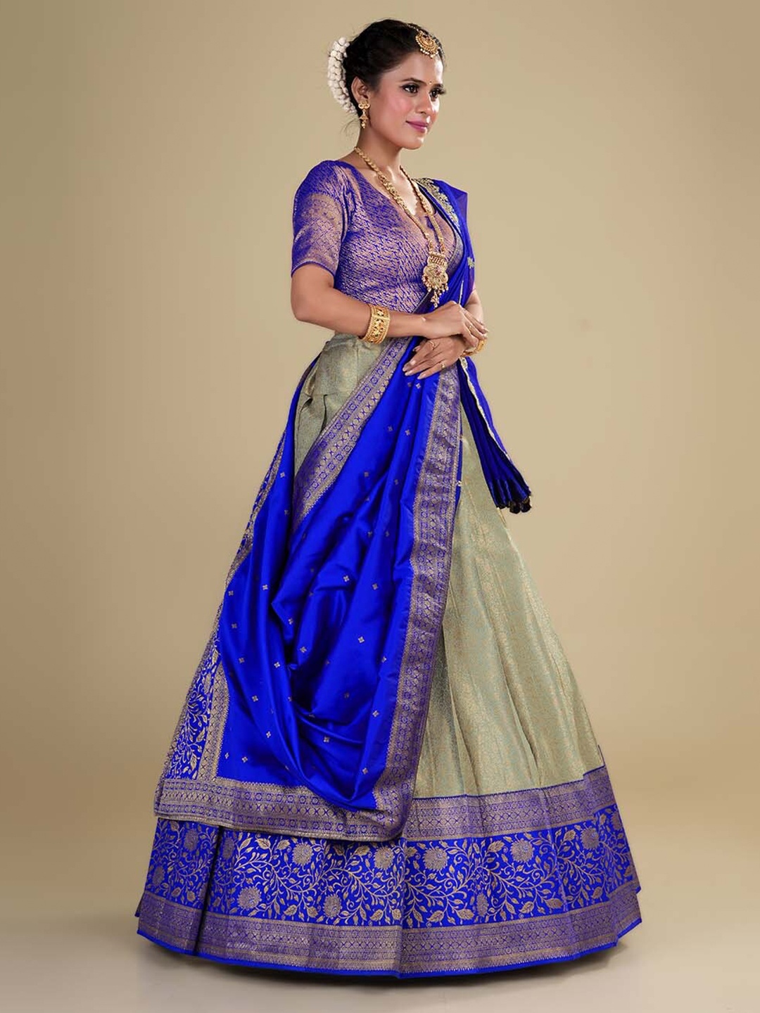 

HALFSAREE STUDIO Semi-Stitched Lehenga & Unstitched Blouse With Dupatta, Blue