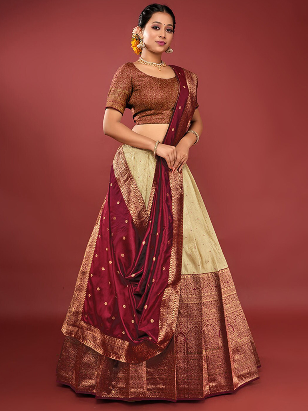 

HALFSAREE STUDIO Semi-Stitched Lehenga & Unstitched Blouse With Dupatta, Maroon