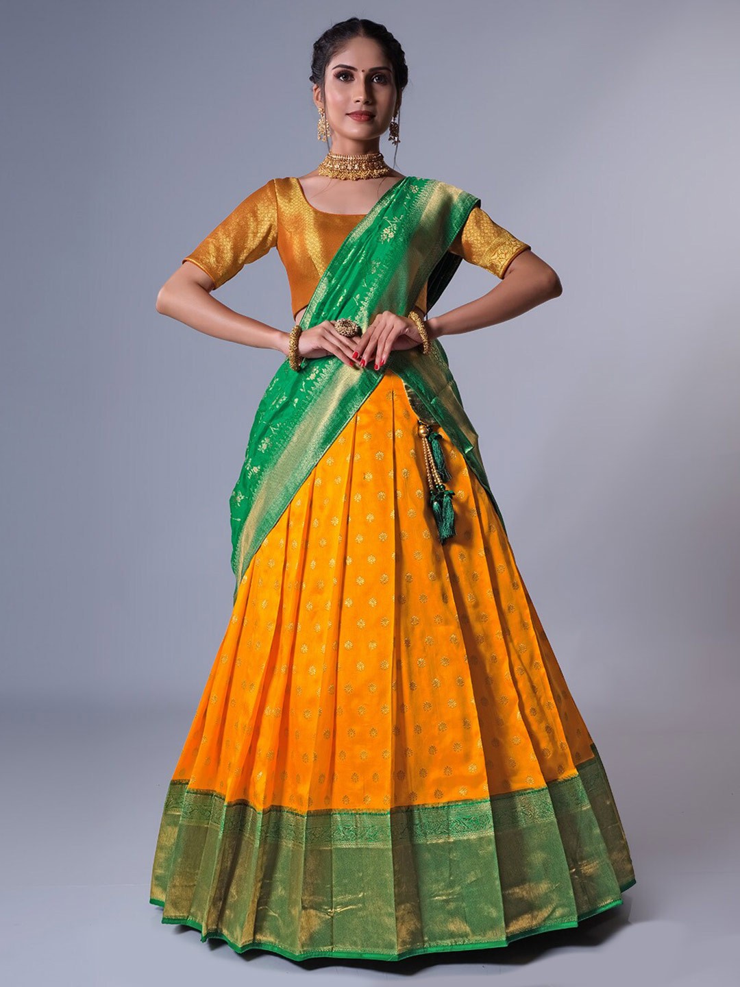 

HALFSAREE STUDIO Semi-Stitched Lehenga & Unstitched Blouse With Dupatta, Orange