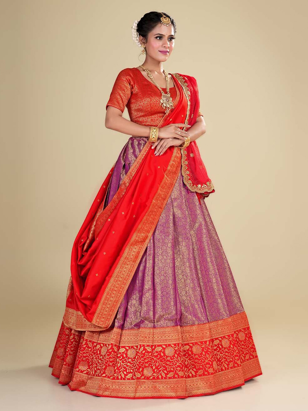 

HALFSAREE STUDIO Semi-Stitched Lehenga & Unstitched Blouse With Dupatta, Red