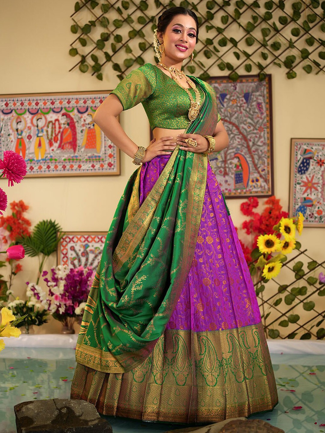 

HALFSAREE STUDIO Semi-Stitched Lehenga & Unstitched Blouse With Dupatta, Purple