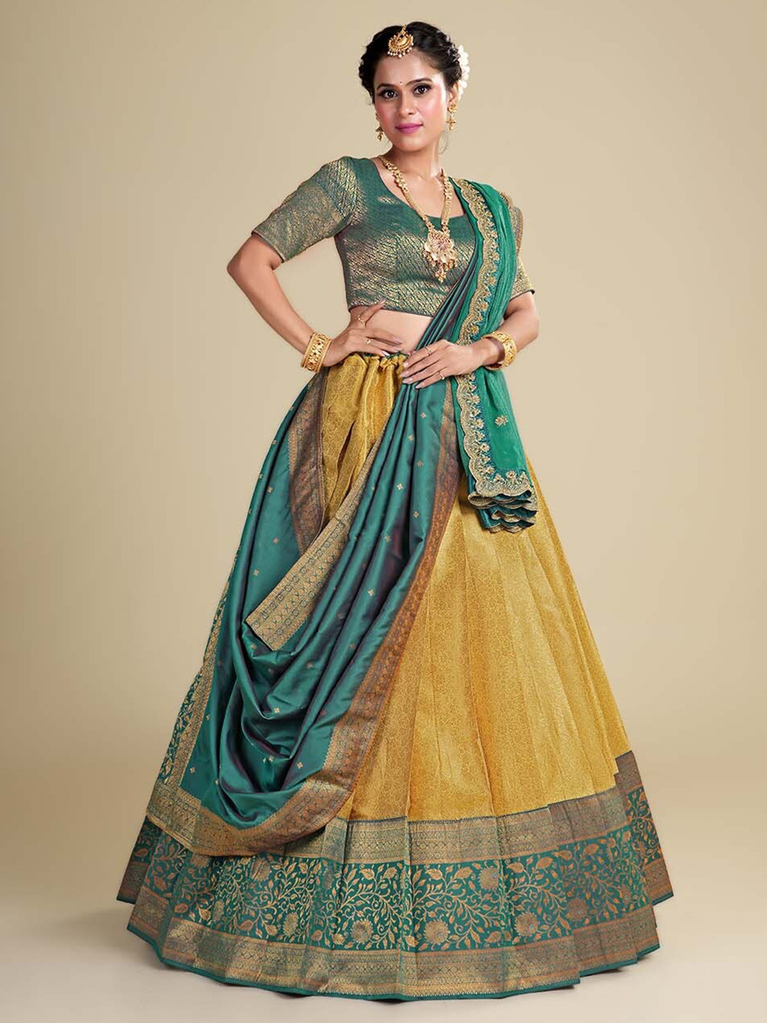 

HALFSAREE STUDIO Semi-Stitched Lehenga & Unstitched Blouse With Dupatta, Teal