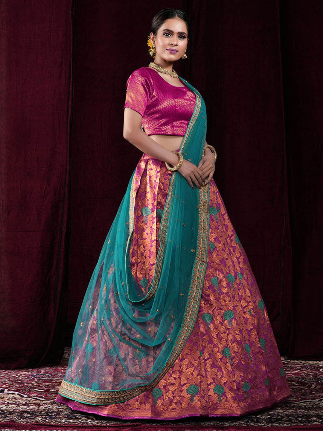 

HALFSAREE STUDIO Magenta & Green Semi-Stitched Lehenga & Unstitched Blouse With Dupatta