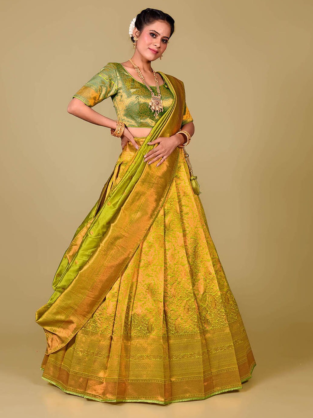 

HALFSAREE STUDIO Semi-Stitched Lehenga & Unstitched Blouse With Dupatta, Lime green