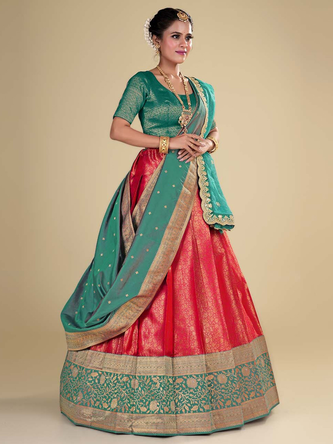 

HALFSAREE STUDIO Semi-Stitched Lehenga & Unstitched Blouse With Dupatta, Pink