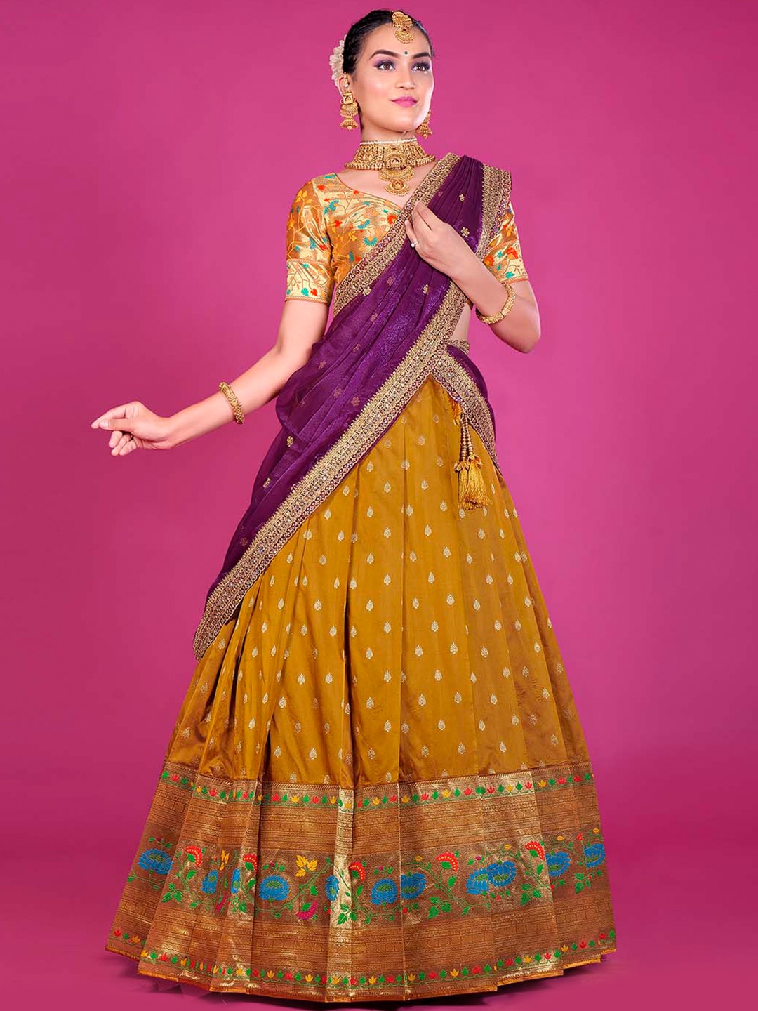 

HALFSAREE STUDIO Semi-Stitched Lehenga & Unstitched Blouse With Dupatta, Mustard