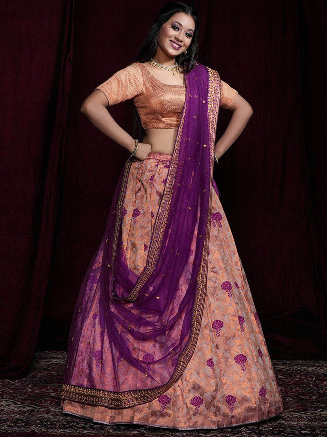 

HALFSAREE STUDIO Semi-Stitched Lehenga & Unstitched Blouse With Dupatta, Magenta