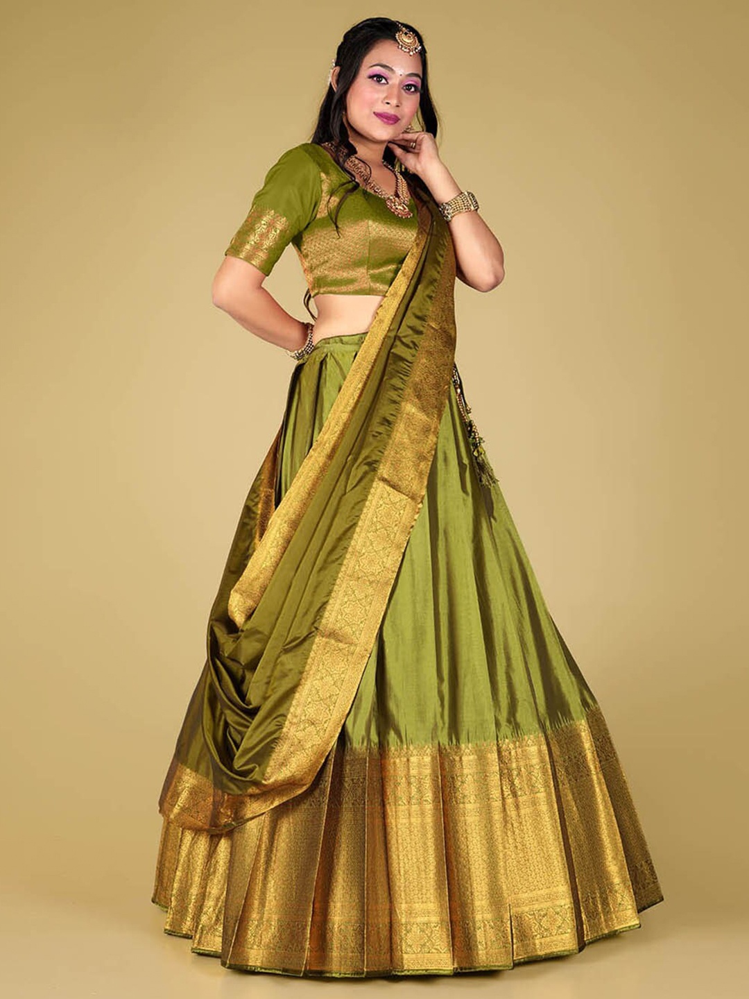 

HALFSAREE STUDIO Semi-Stitched Lehenga & Unstitched Blouse With Dupatta, Olive