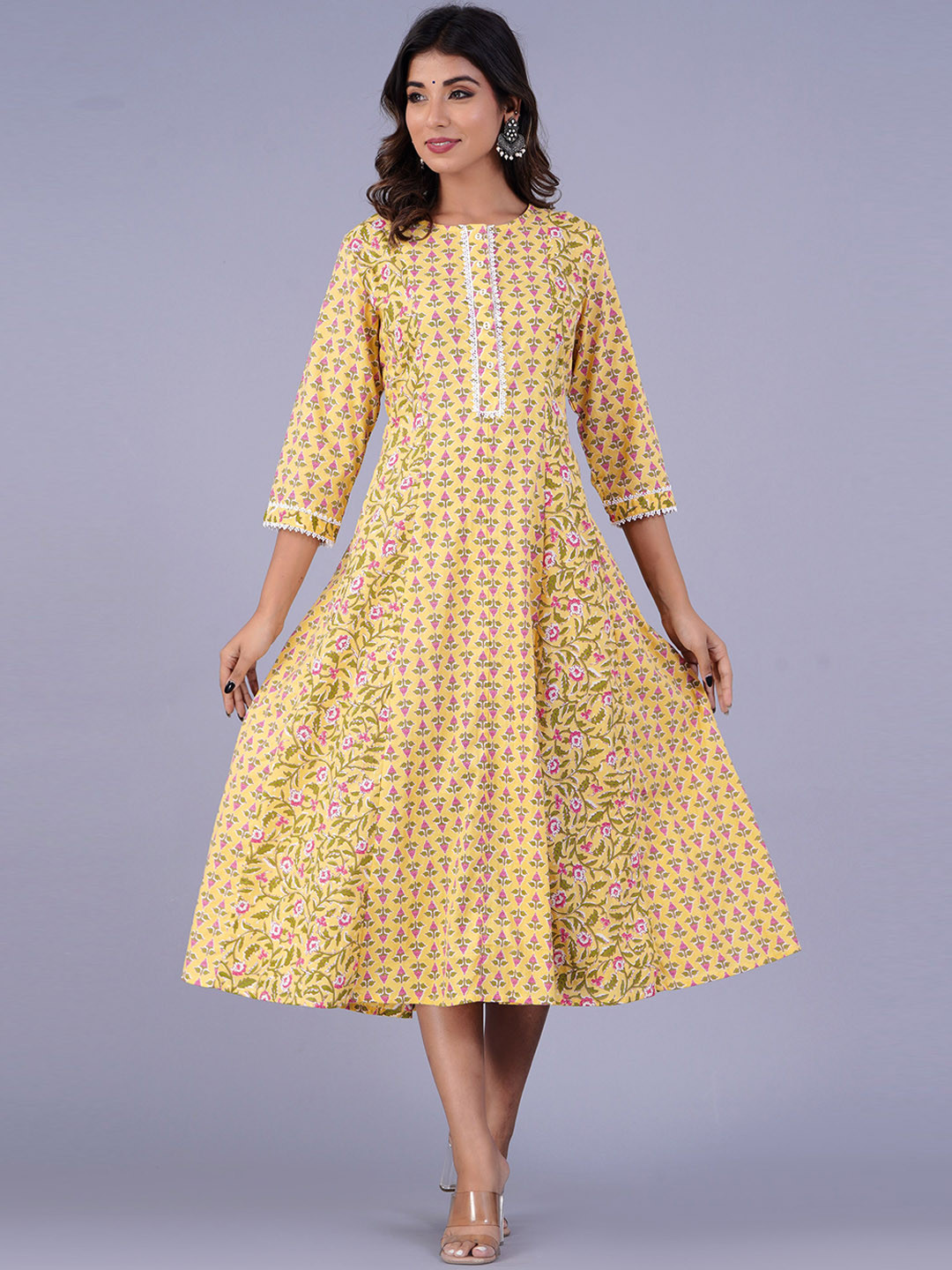

The Kurta Express Floral Printed Cotton Anarkali Kurtas, Yellow