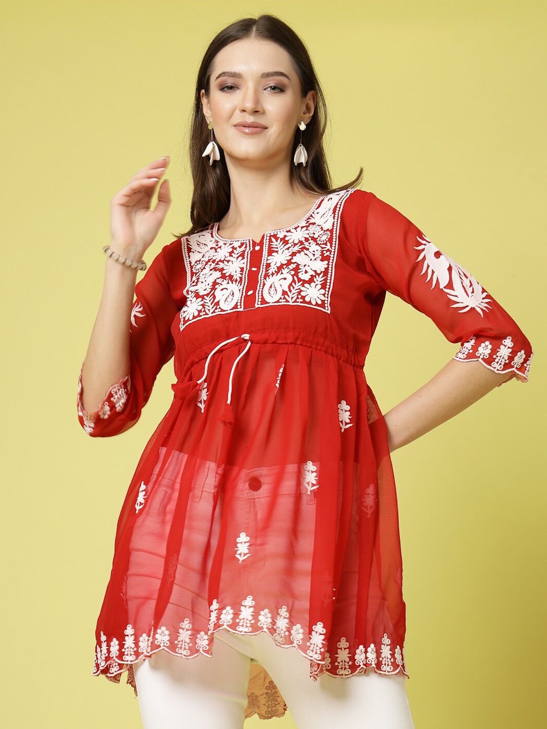 

KALINI Floral Embroidered Empire Top, Red