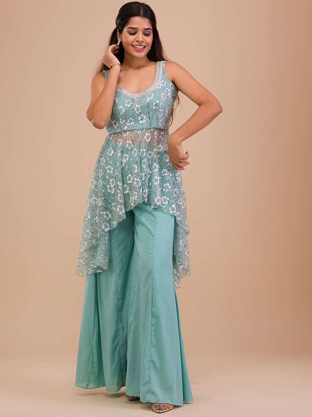 Koskii Floral Embroidered High-Low Sequined Kurta with Palazzos & Dupatta, Blue