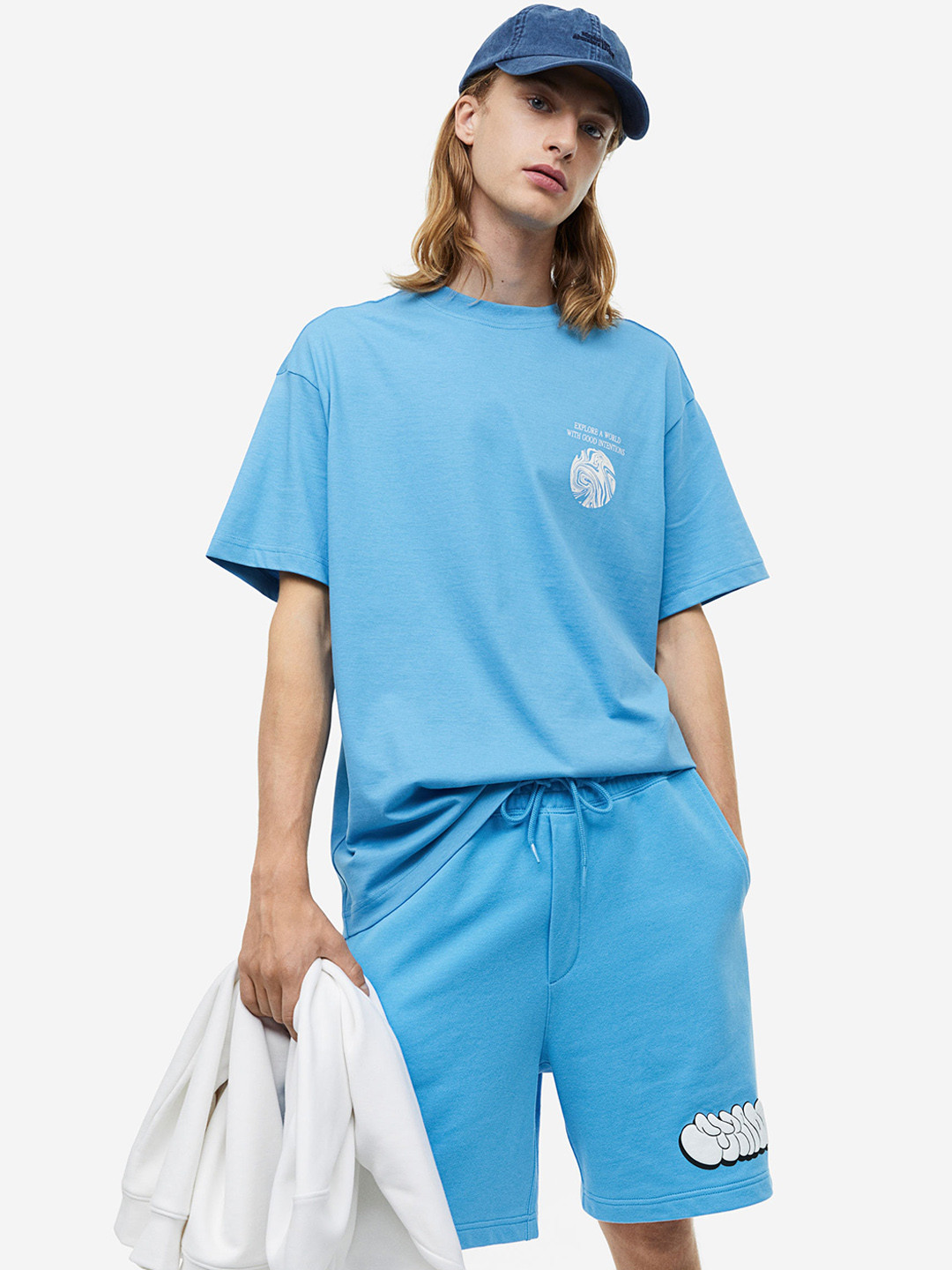 

H&M Pure Cotton Relaxed Fit Printed Sweatshorts, Blue