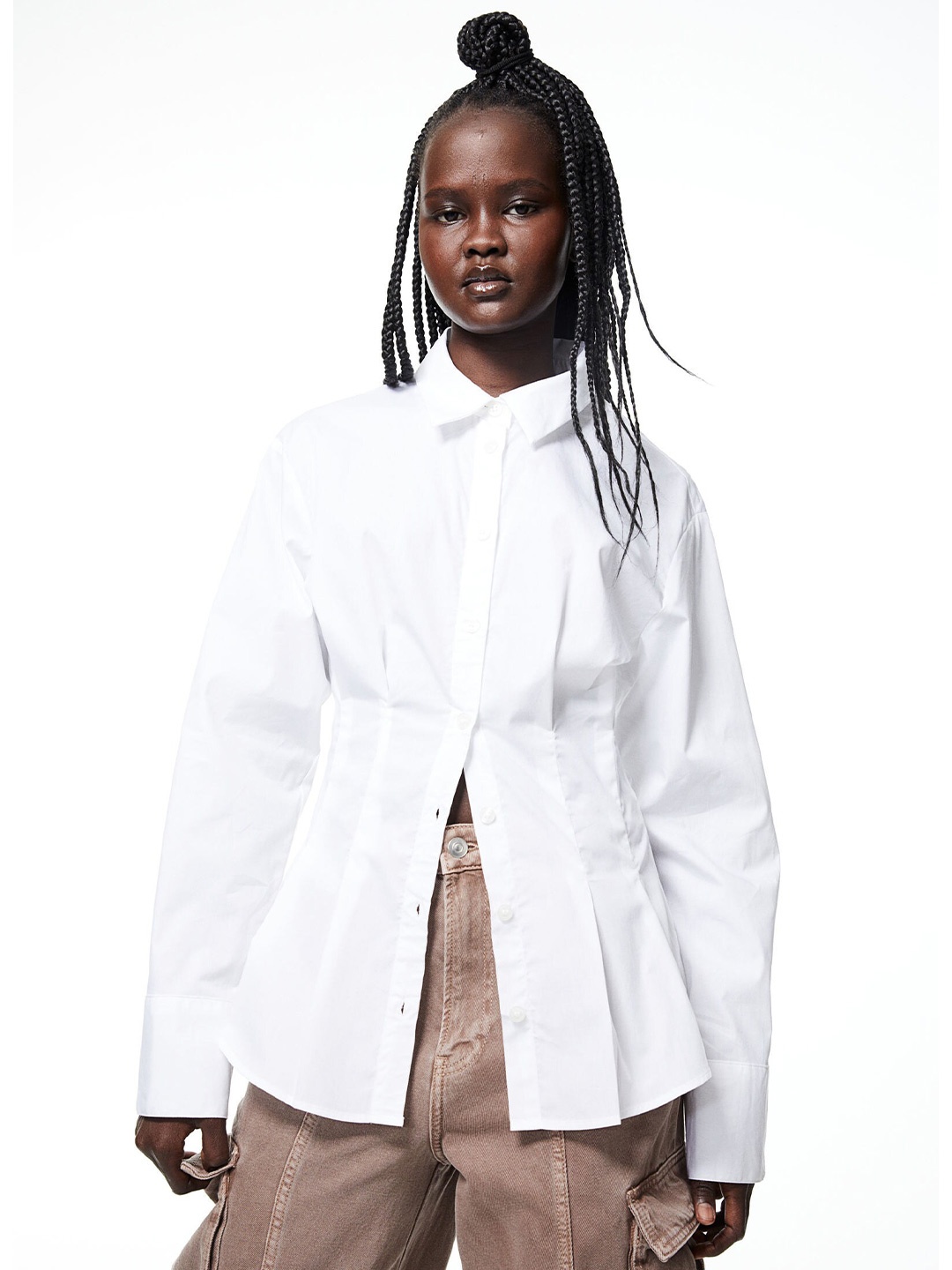 

H&M Pure Cotton Tapered-Waist Poplin Shirt, White