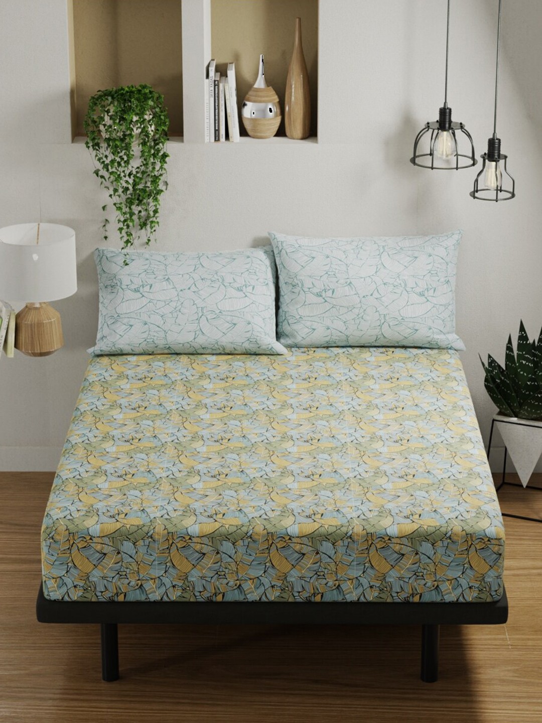 

BIANCA Blue & Yellow Tropical Pure Cotton 144 TC Queen Bedsheet with 2 Pillow Covers