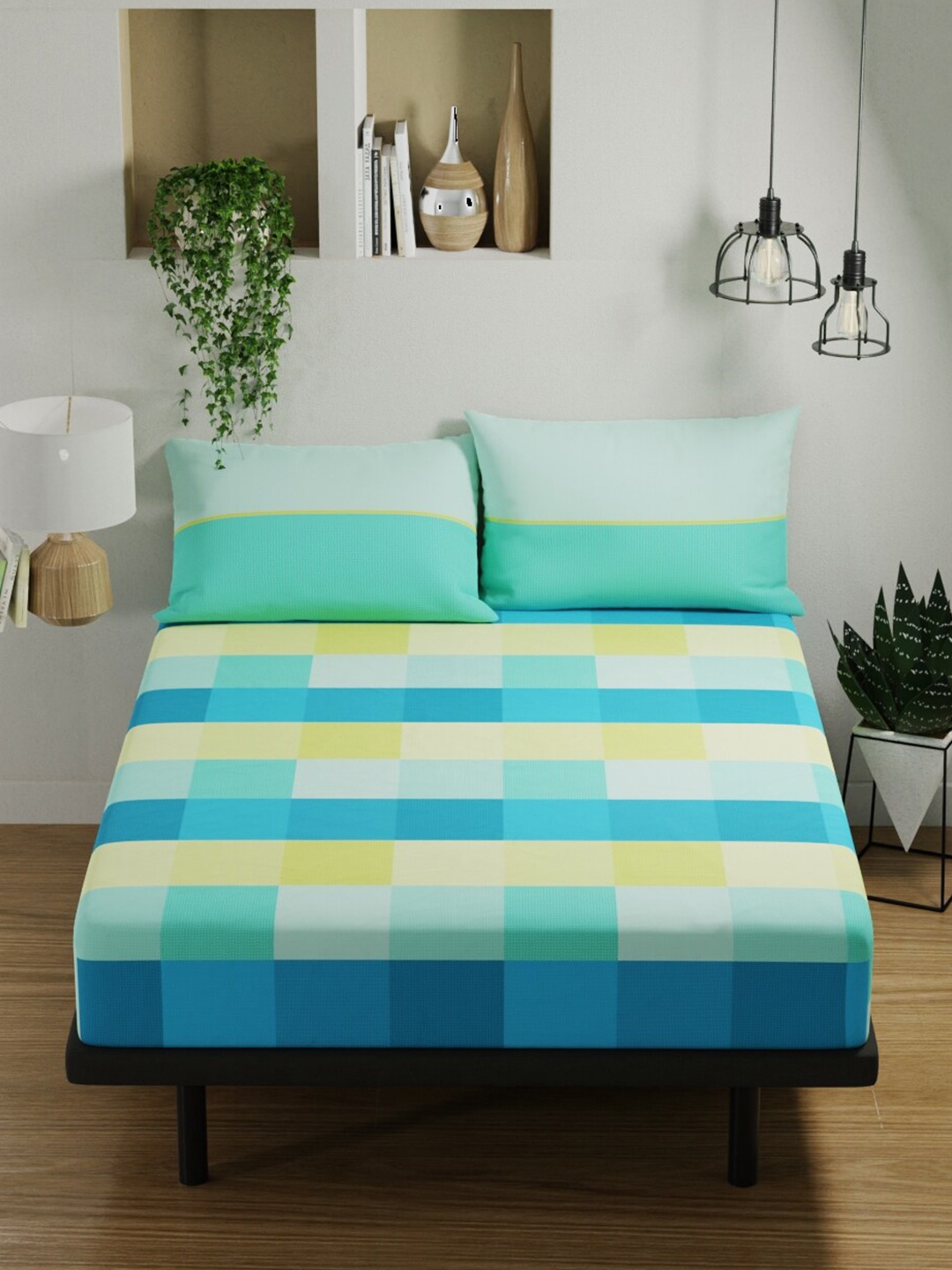

BIANCA Platinum Green & Yellow Geometric Cotton 144 TC Queen Bedsheet With 2 Pillow Covers