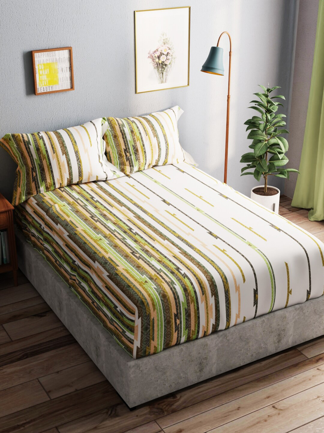

BIANCA Olive Green & White Striped Pure Cotton 140 TC Queen Bedsheet with 2 Pillow Covers