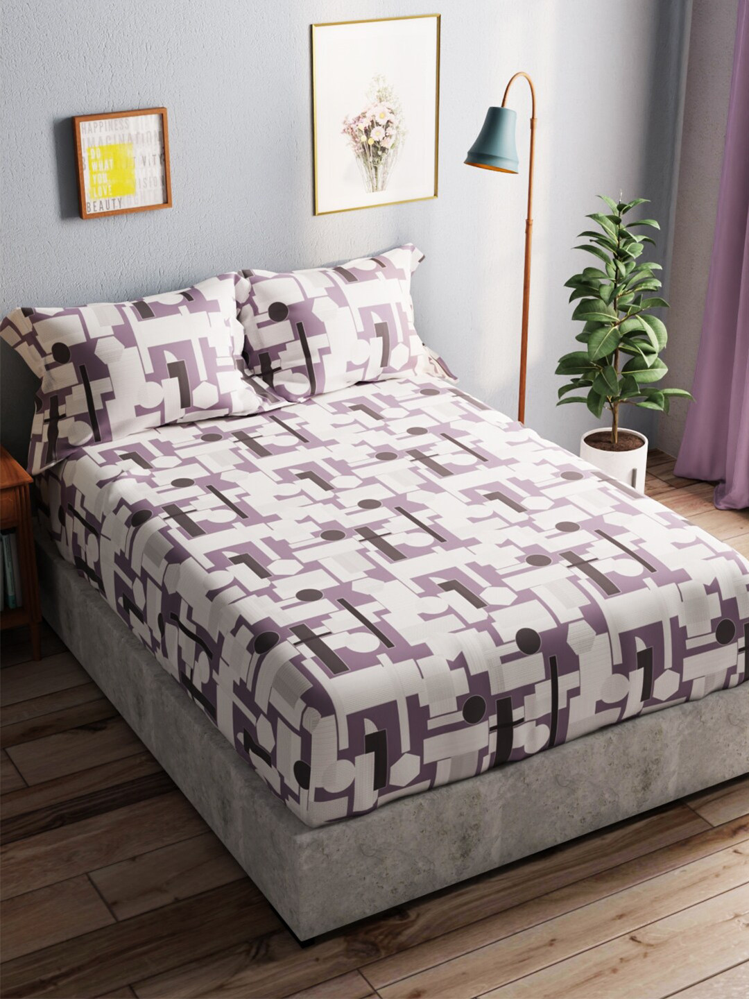 

BIANCA White & Purple Geometric Pure Cotton 140 TC Queen Bedsheet with 2 Pillow Covers